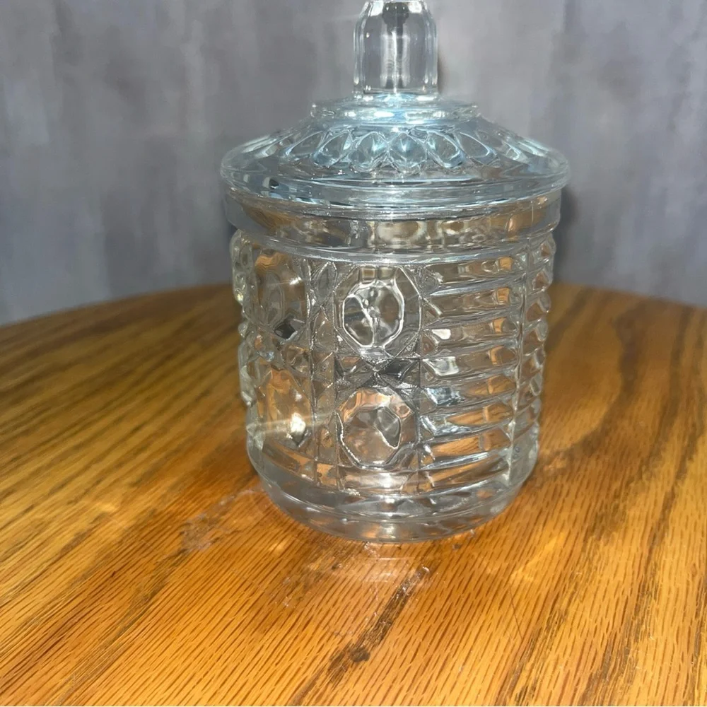 Vintage Federal Glass Clear Sugar Bowl Jam Jar w/Lid & spoon Button & Cane